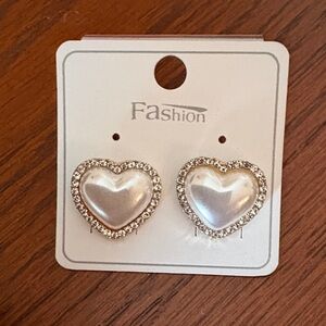 Heart-Shaped Pearl and Rhinestone Earrings